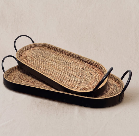 JUEGO DE 2 CHAROLAS OVAL TEJIDO NEGRO