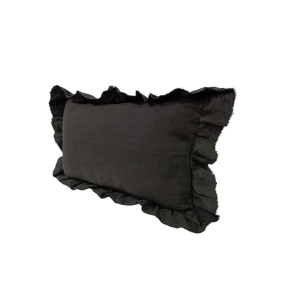 Funda de cojin en lino con olanes negro 50x50