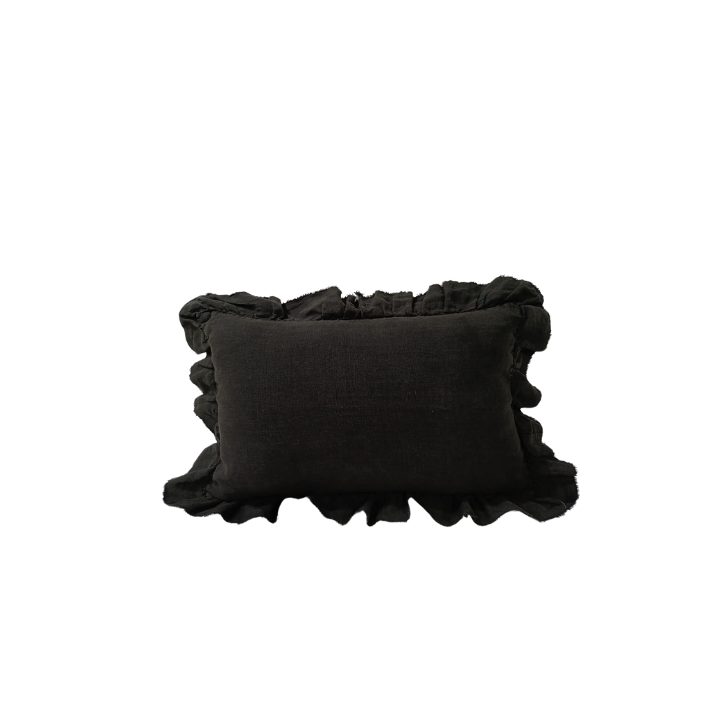 Funda de cojin en lino con olanes negro 50x50